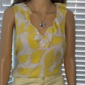 Tory Burch Ruffle Silk Yellow Floral Sleeveless Blouse Sz 10